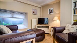 A modern living room with leather sofas, a flat-screen TV, a window with a view, and a bookshelf. - Mill Race (Burford)