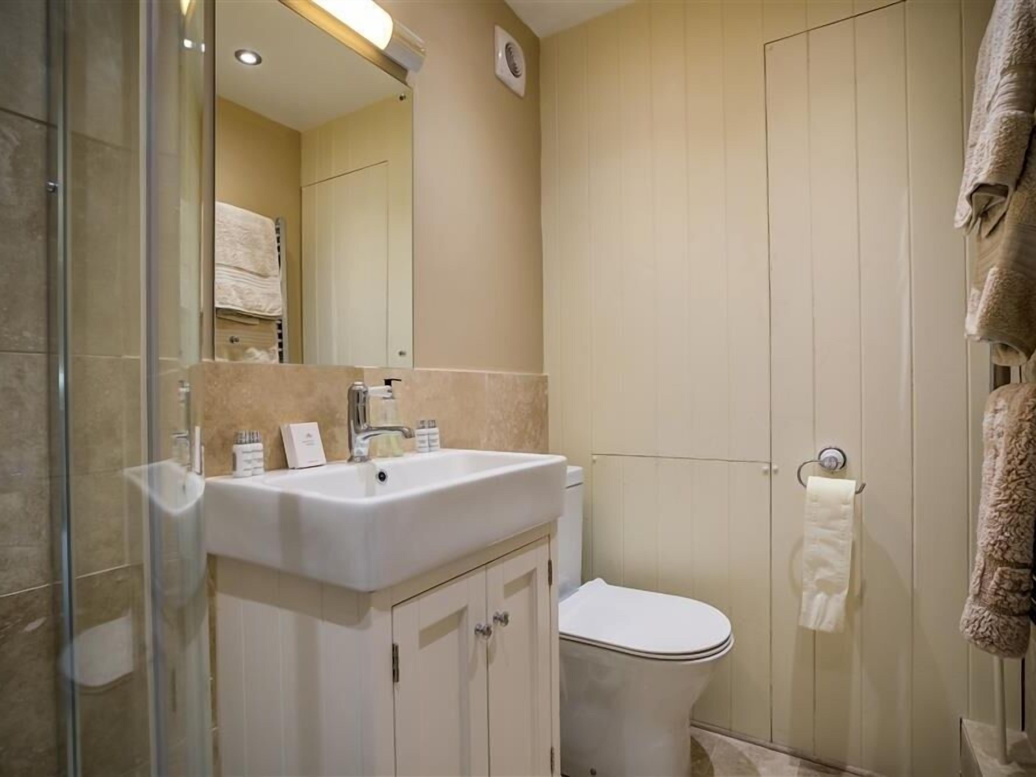 A bathroom with a sink, mirror, and toilet.