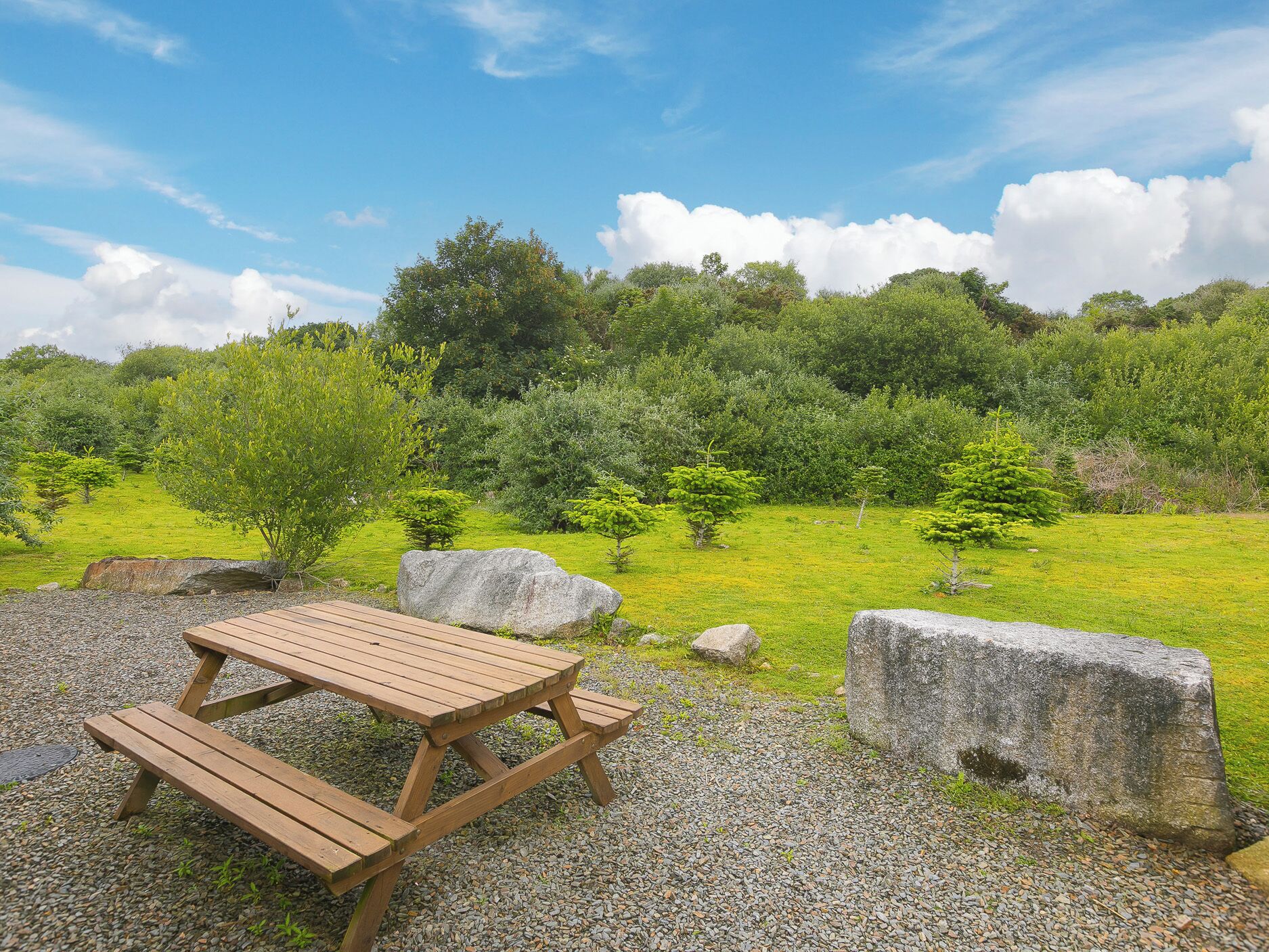 Une table de pique-nique installée dans un cadre naturel, avec une zone herbeuse, des rochers et des arbres.