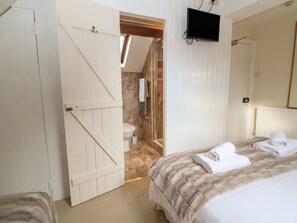 Een slaapkamer met een bed, een televisie, een badkamer met douche, en een deur naar een andere kamer.