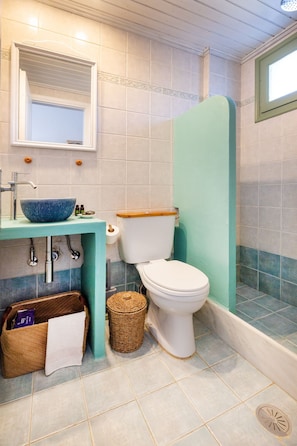 A bathroom with a blue sink, white toilet, and a shower area. - Ailouros summer hotel (Naxos)