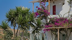 A white building with a red door, surrounded by various plants and a pergola. - Ailouros summer hotel (Naxos)