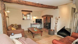 A cozy living room with a fireplace, a television, and comfortable seating. - Cosy Cot (Salisbury)