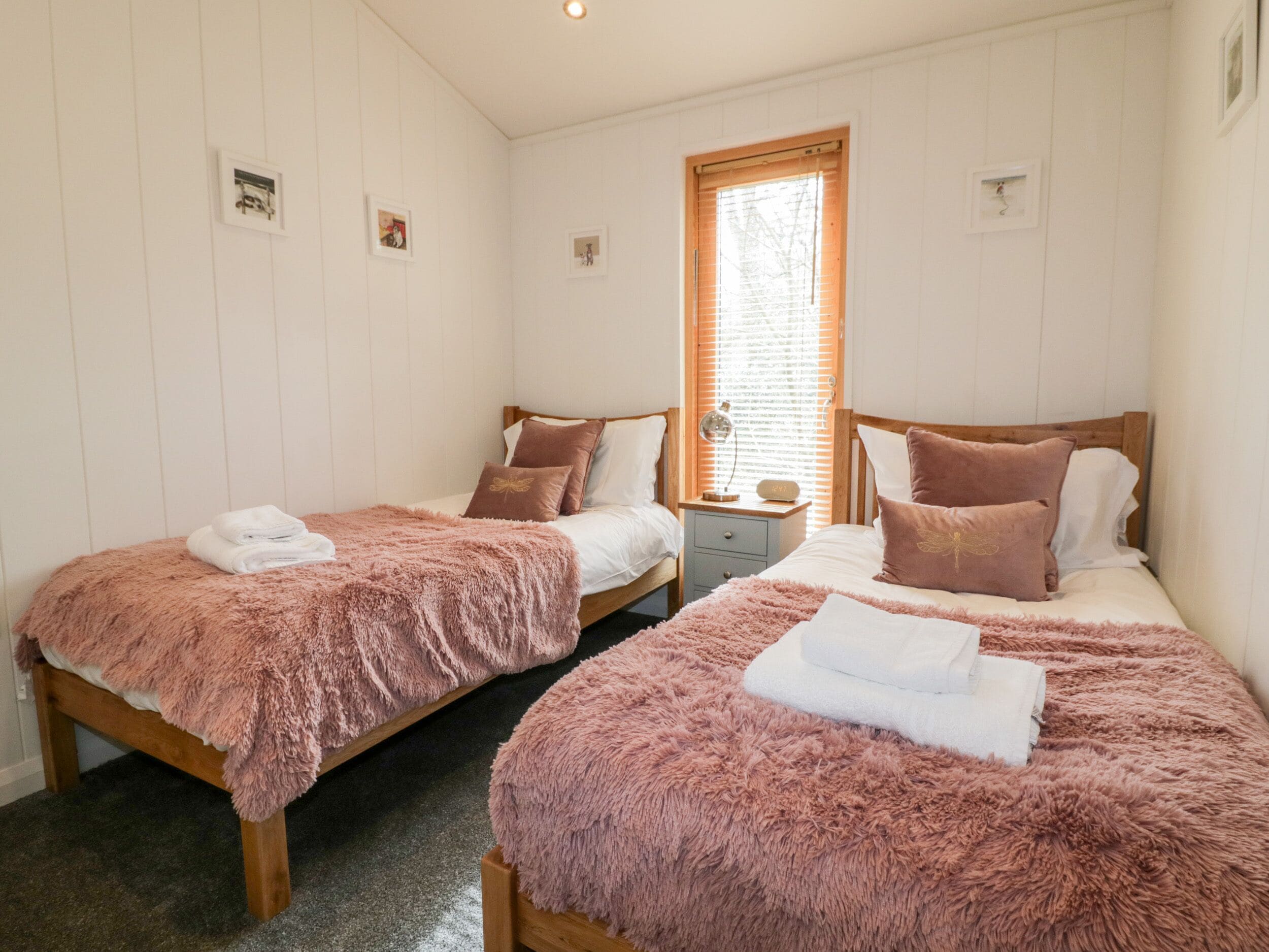 A twin room with two beds, each with a fluffy pink blanket and pillows, a small bedside table with a lamp, and a window with blinds.