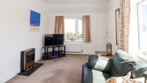 Una sala de estar con un televisor negro sobre un mueble bajo, un sofá verde, una chimenea y una ventana con cortinas.