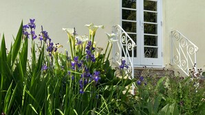 A white metal gate with a decorative design, a white window with multiple panes, and a variety of flowers including irises and calla lilies in front of a light-colored wall. - The Patio Flat (Bodmin)