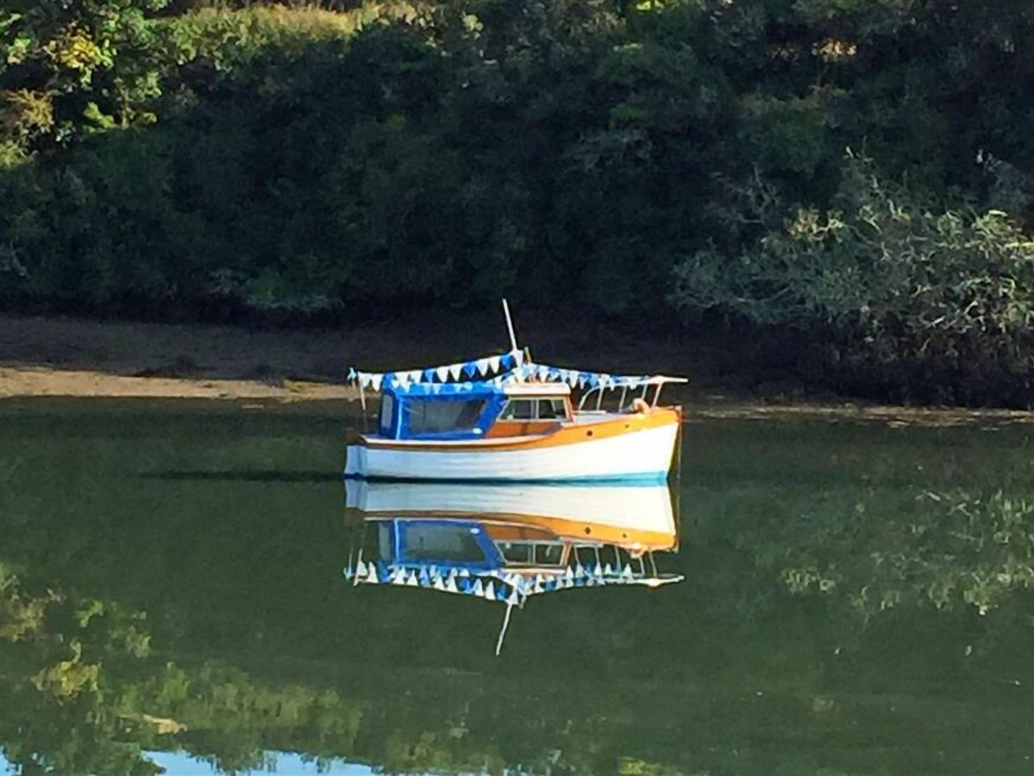A boat docked at a calm river with dense greenery in the background.