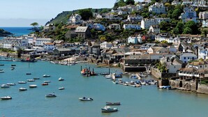 A coastal town with a harbor filled with boats, surrounded by densely packed houses with a hillside backdrop. - 4 Blue View (Salcombe)