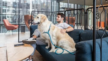 A man sitting on a blue sofa with a large dog beside him, in a modern indoor space with metal railings and a city view.