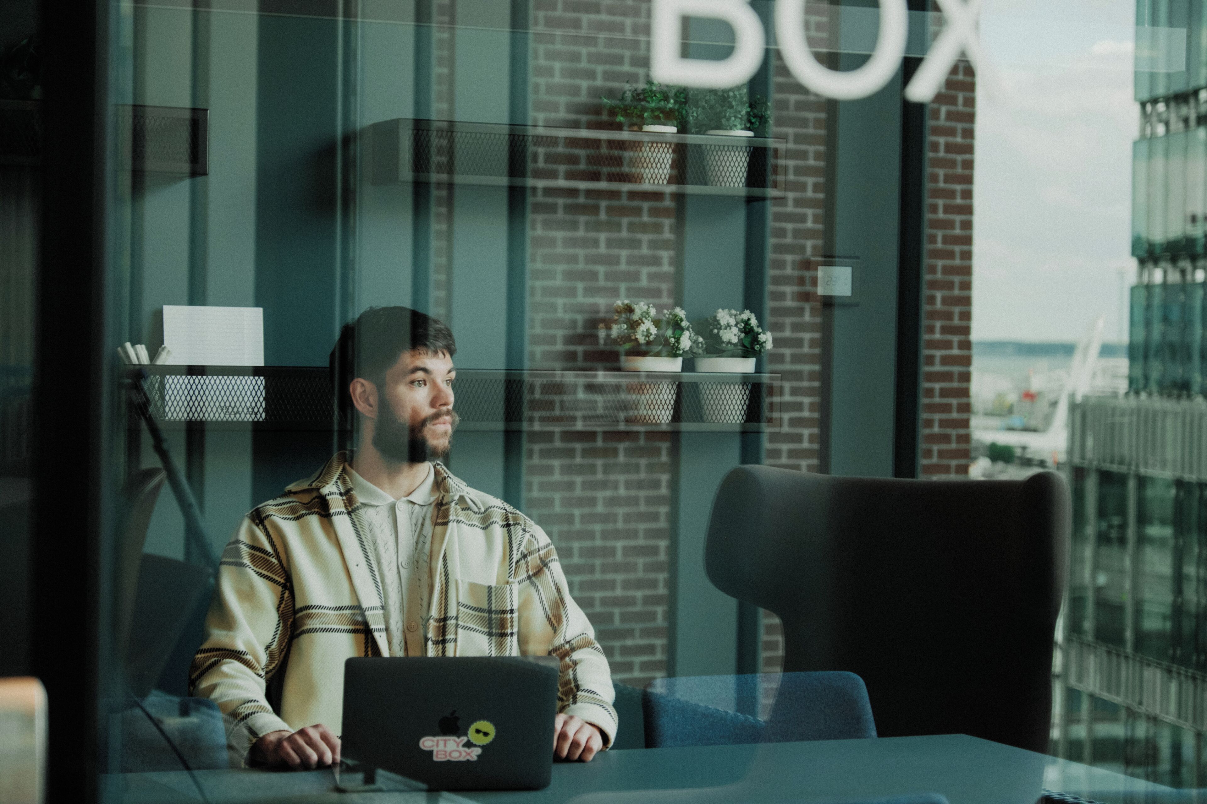 A person sitting at a table with a laptop, in a room with a glass wall, a brick wall, and shelves with plants.