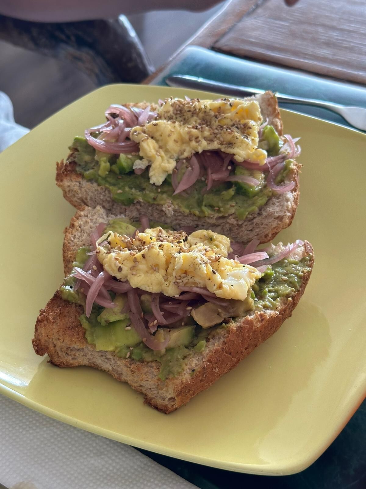 Two sandwiches on a yellow plate.