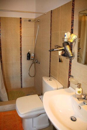 Appartement, 1 slaapkamer | Badkamer | Een douche, een haardroger, handdoeken, zeep