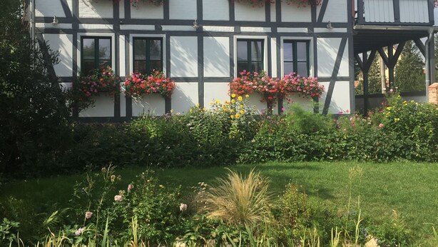 Ein traditionelles Fachwerkhäuschen mit Blumenkästen an den Fenstern, ein Garten im Vordergrund und ein klarer Himmel.