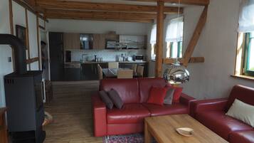 Smart TV, fireplace, books, stereo