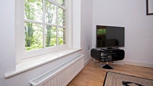 A room with a large window, a flat-screen TV, a radiator, and a patterned rug. - Apartment 4 The Grove (Durham)