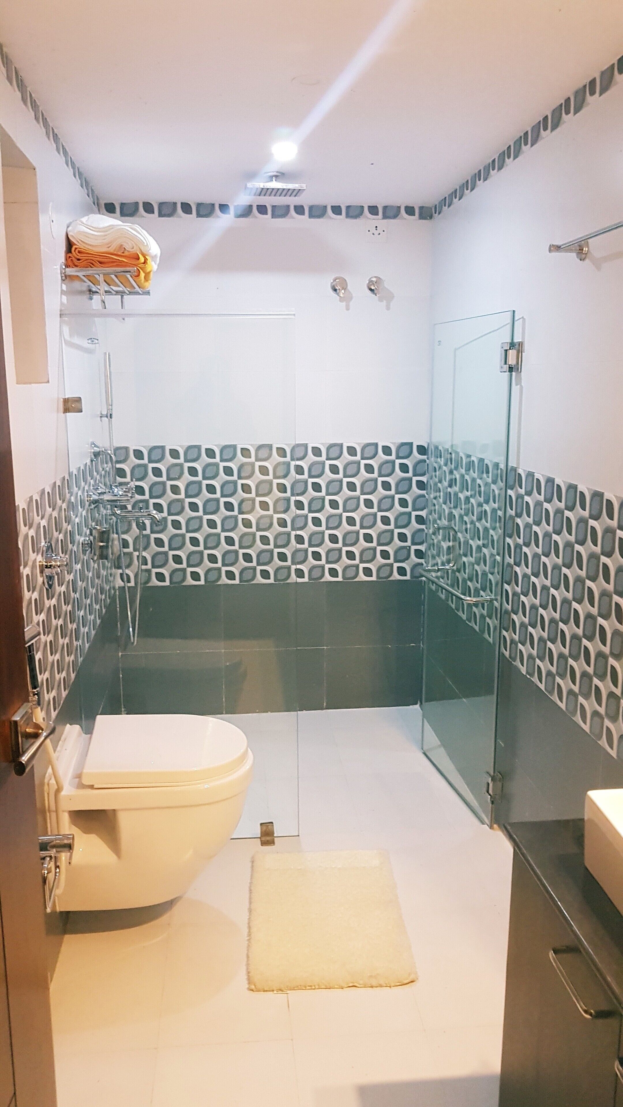 A bathroom with a toilet, a glass shower enclosure, and a sink.