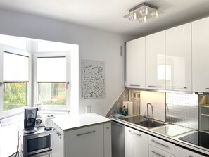 Fridge, stovetop, dishwasher, coffee/tea maker