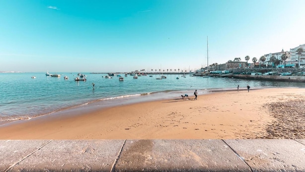 A beach with boats, a pier, and buildings in the background. - Wine Inn Cascais (Cascais)
