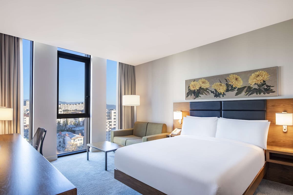 Een hotelkamer met een groot bed, een bureau, een stoel en uitzicht op de stad door een groot raam.