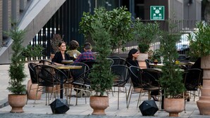 Un café al aire libre con mesas y sillas, plantas en macetas y un edificio moderno al fondo.