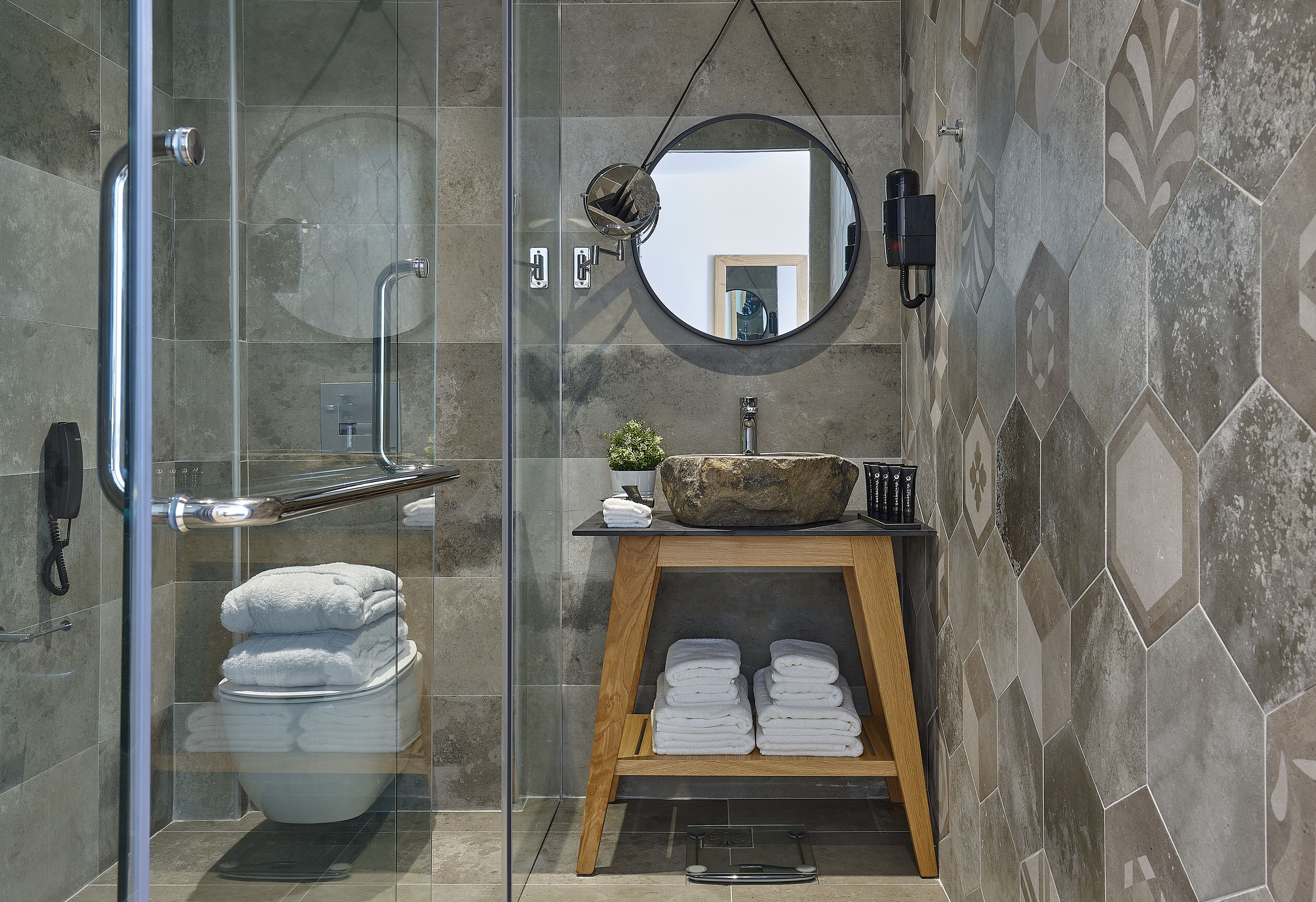 free toiletries, hair dryer, slippers, towels