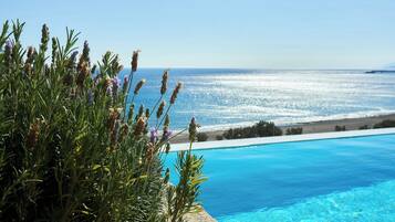 A pool with a view of the sea, surrounded by greenery.