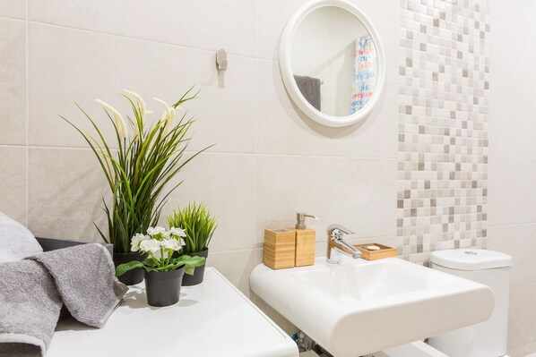 Apartment, 1 Bedroom | Bathroom | Shower, hair dryer, towels, soap