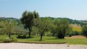A paved area with trees and a fence in the background. - Girasole Apartment on 2 Levels - Renili House (pesaro)