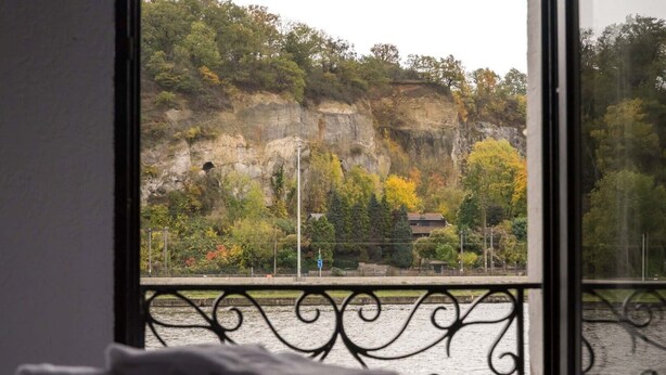 A room with a view of a rocky cliff and trees through a window with a decorative metal railing. - Hotel Mosa (Oupeye)
