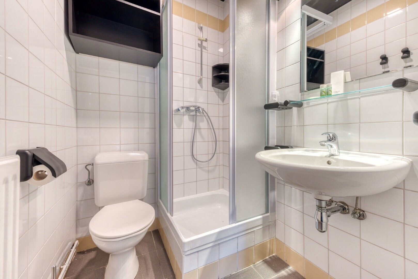 A modern bathroom with a toilet, a glass-enclosed shower, and a sink with a mirror above it.