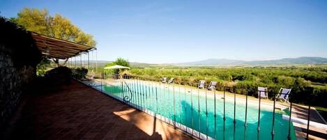 Seasonal outdoor pool, pool umbrellas, pool loungers