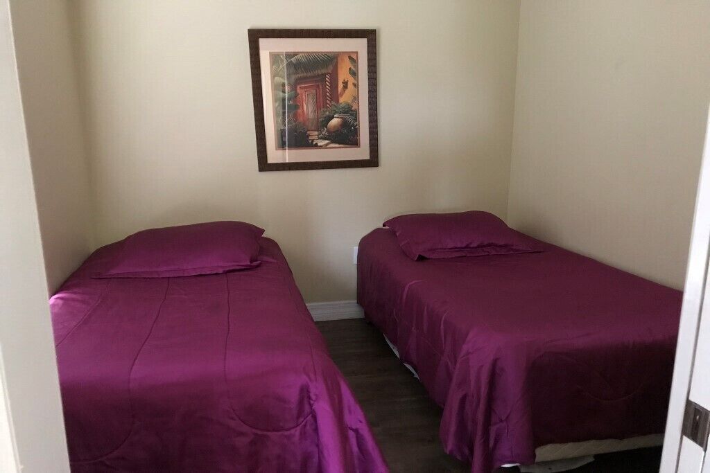 Una habitación con dos camas individuales, cada una con una colcha morada, un cuadro en la pared y una puerta visible a la derecha.