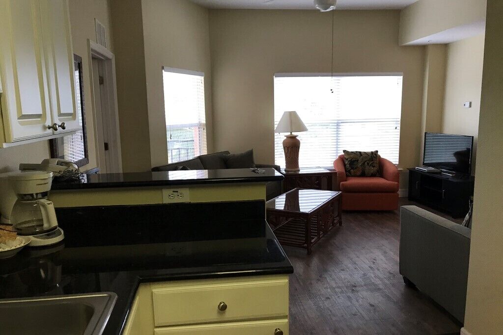 A compact living space with a kitchenette, a sofa, a coffee table, and a television.