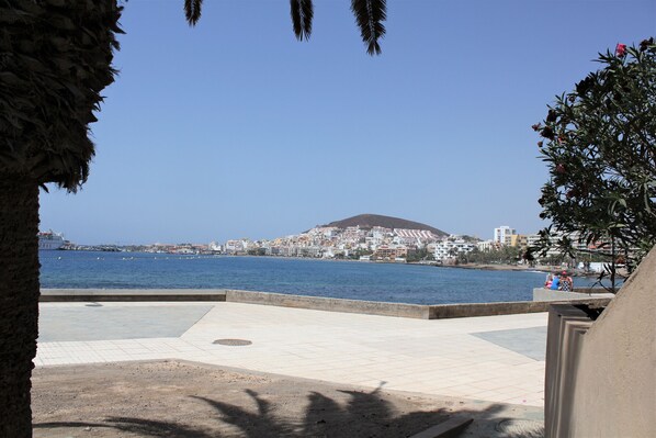 Une promenade en bord de mer offrant une vue sur le paysage urbain, notamment une colline et une étendue d’eau.