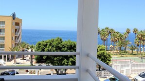 Un balcon avec vue sur la mer et les palmiers.