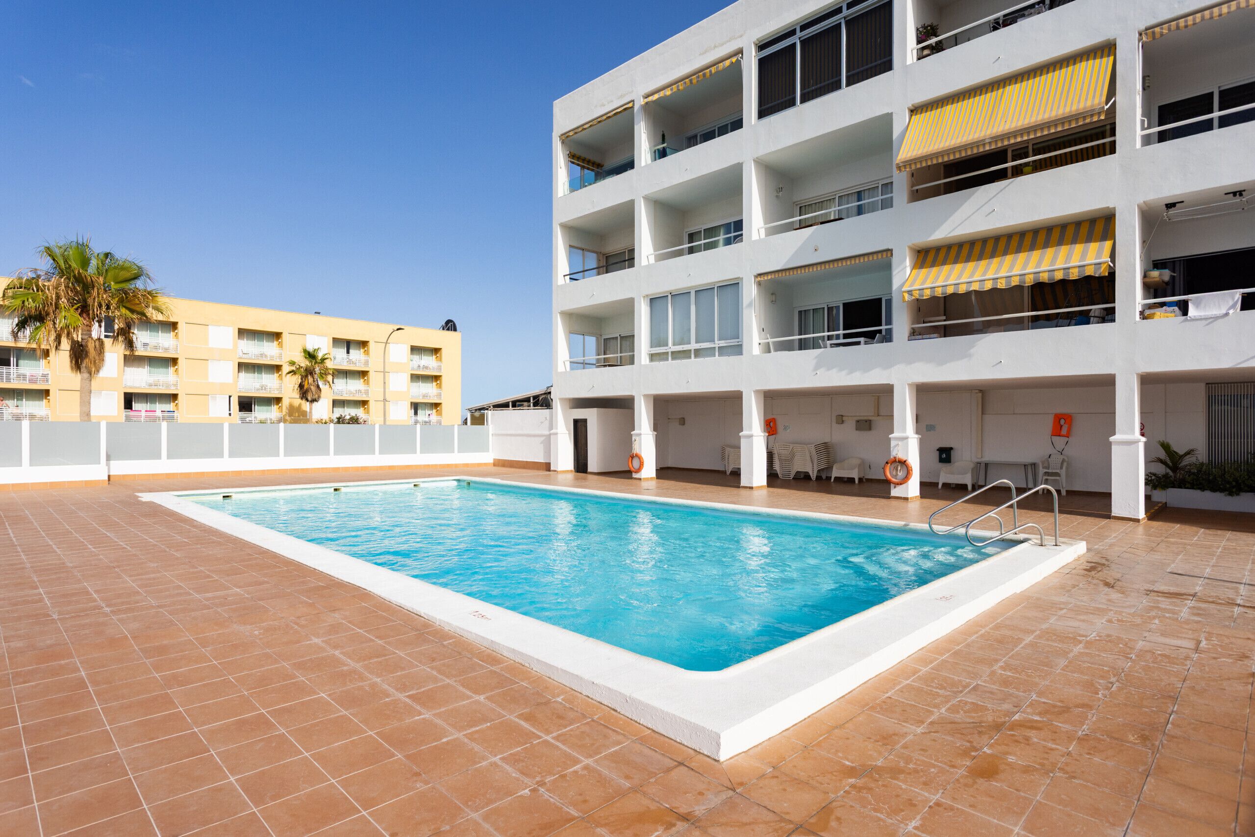 A swimming pool with a tiled deck, a multi-story building with balconies, and a palm tree in the background.