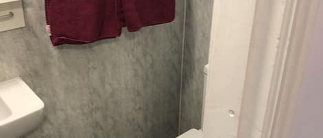 Une petite salle de bain avec un lavabo blanc, des toilettes et un rideau de douche.