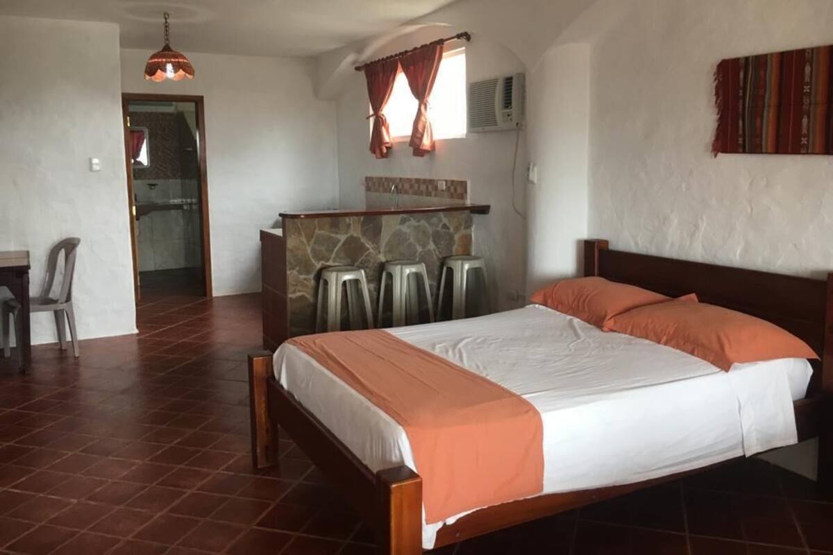 Un dormitorio con cama, escritorio y una pequeña kitchenette.