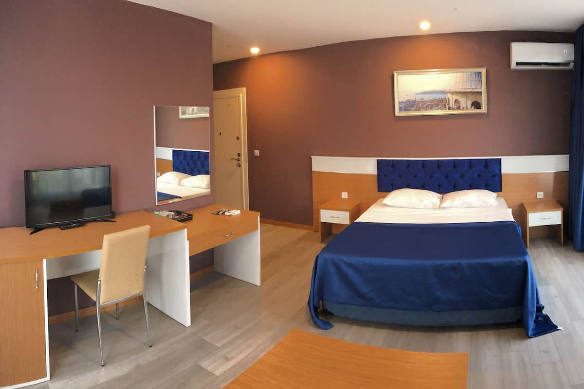Une chambre d’hôtel comprenant un lit, un bureau avec une chaise, une télévision et un miroir.