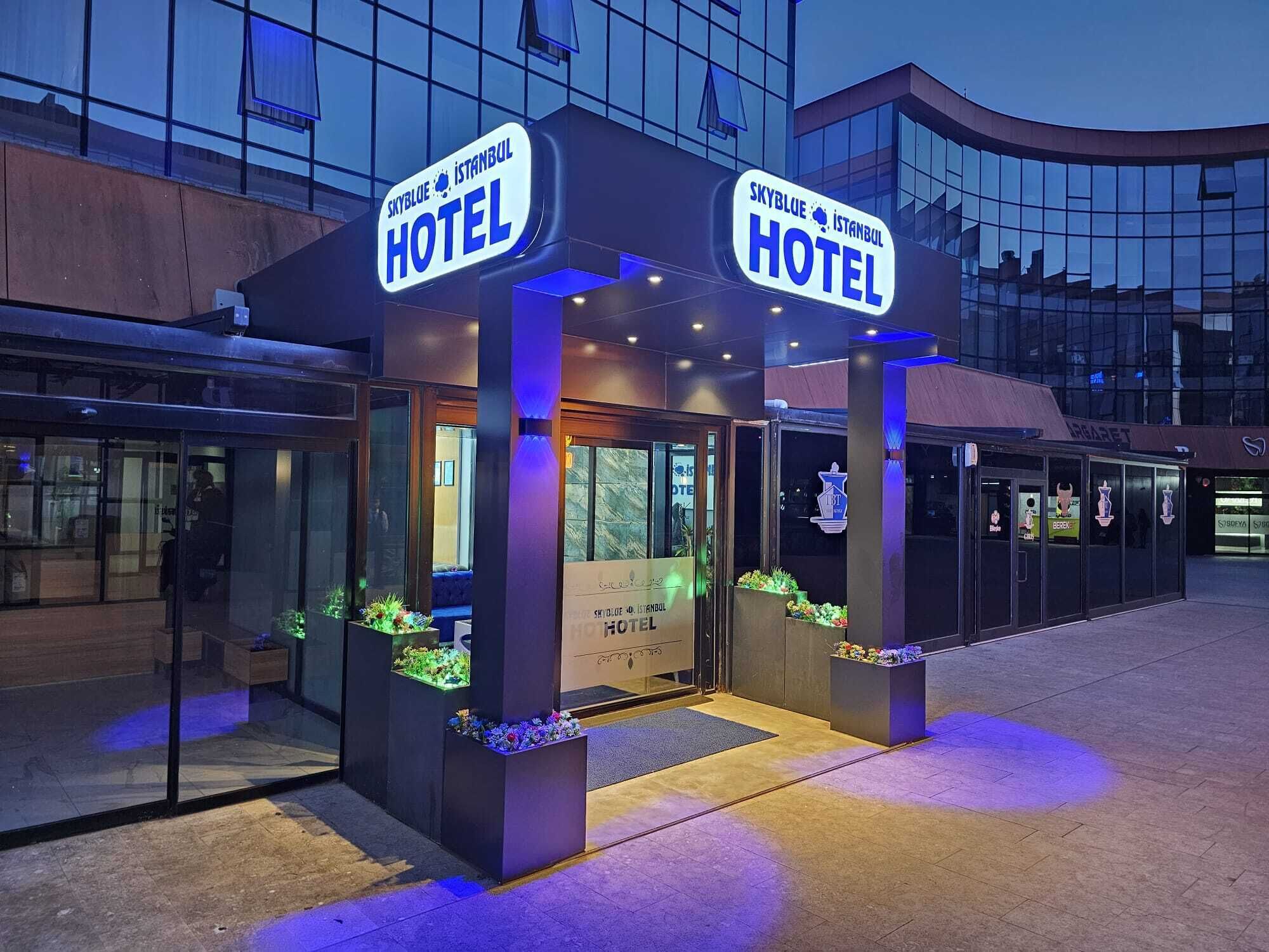 The exterior of the SkyBlue Istanbul Hotel with its entrance and surrounding area.