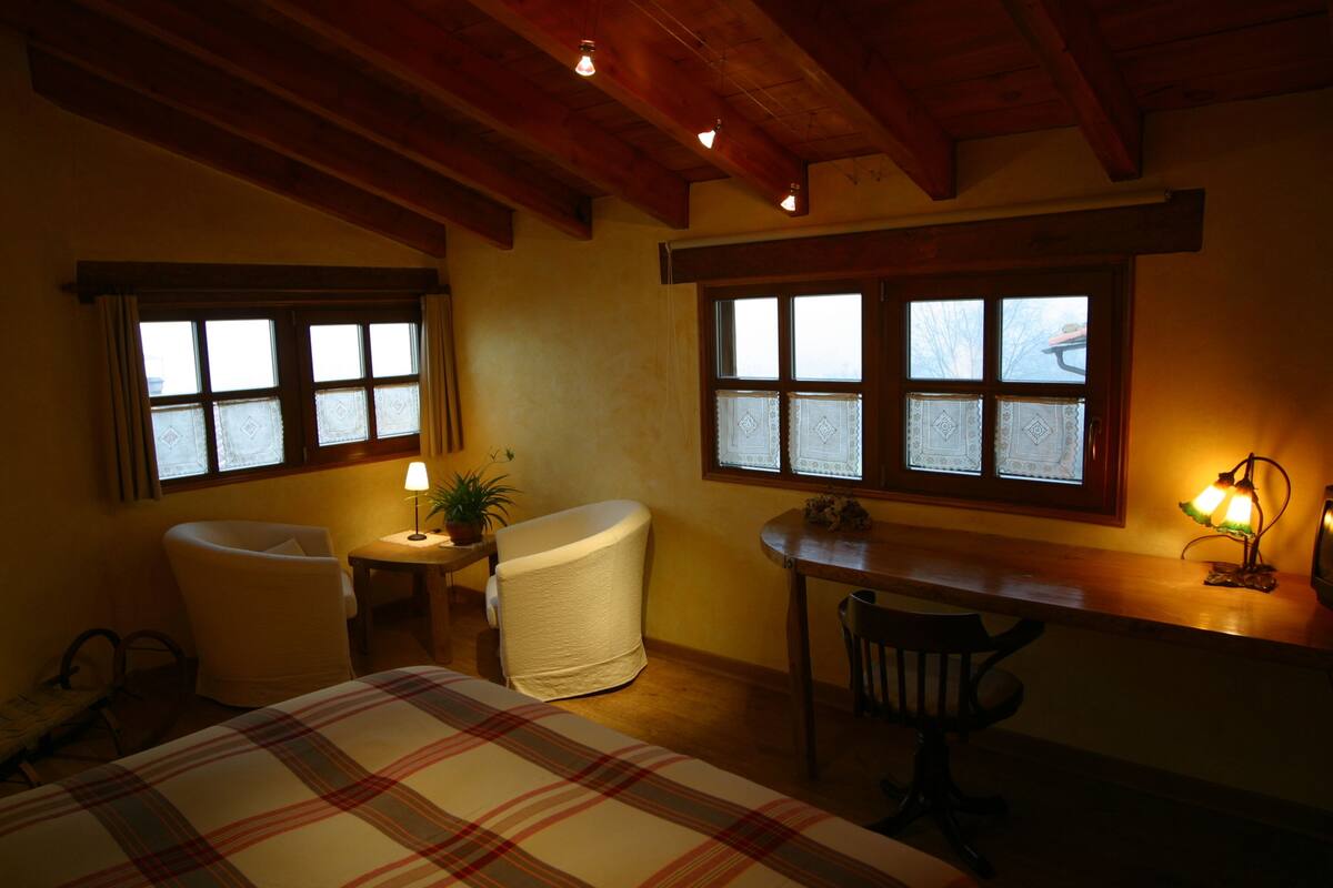 A cozy room with a bed, two chairs, a desk, and two windows.
