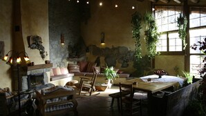 A rustic interior with a stone fireplace, wooden furniture, and hanging plants. - Casa rural cal Rei (Lles)