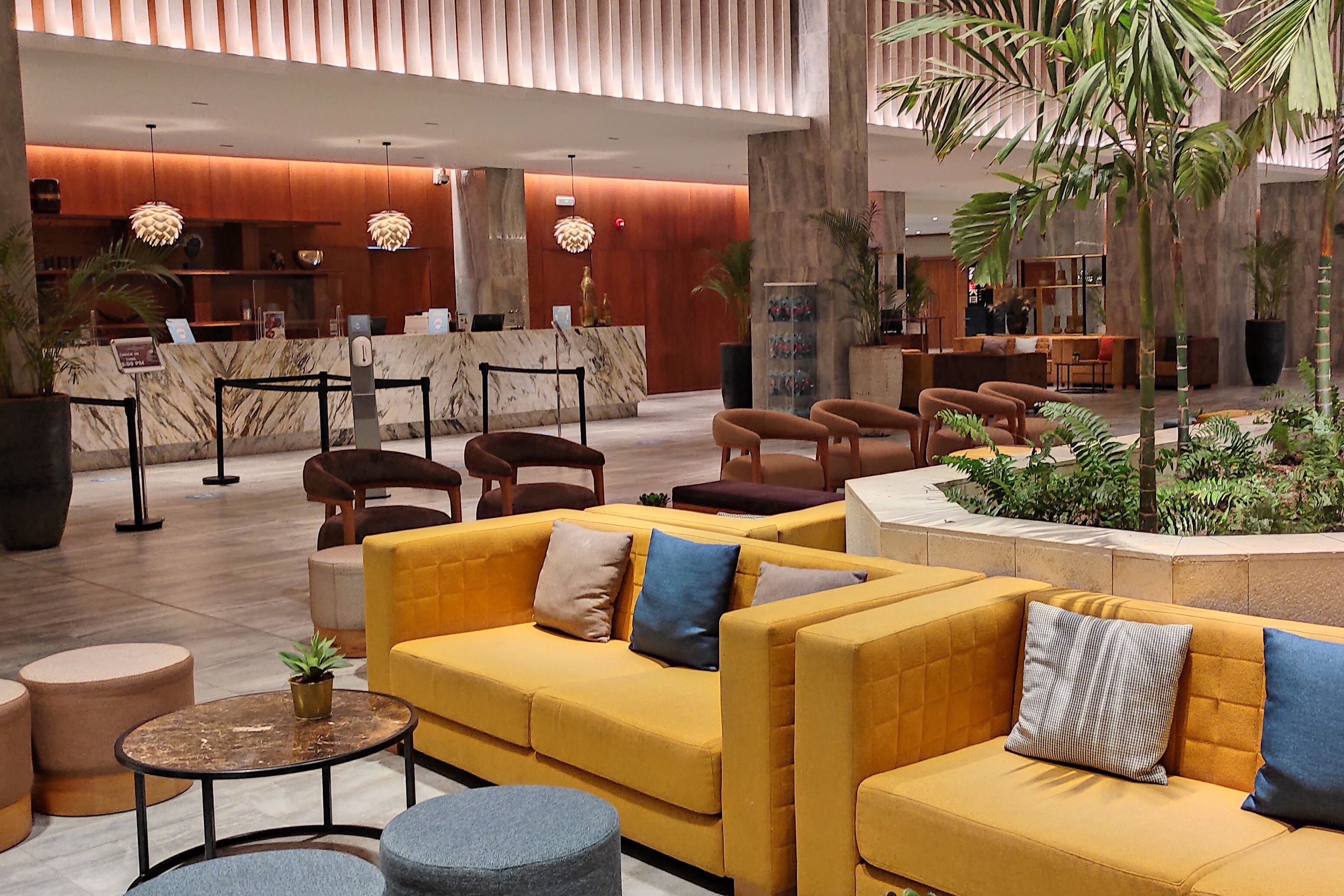 A modern lobby with a reception desk, seating area, and indoor plants.