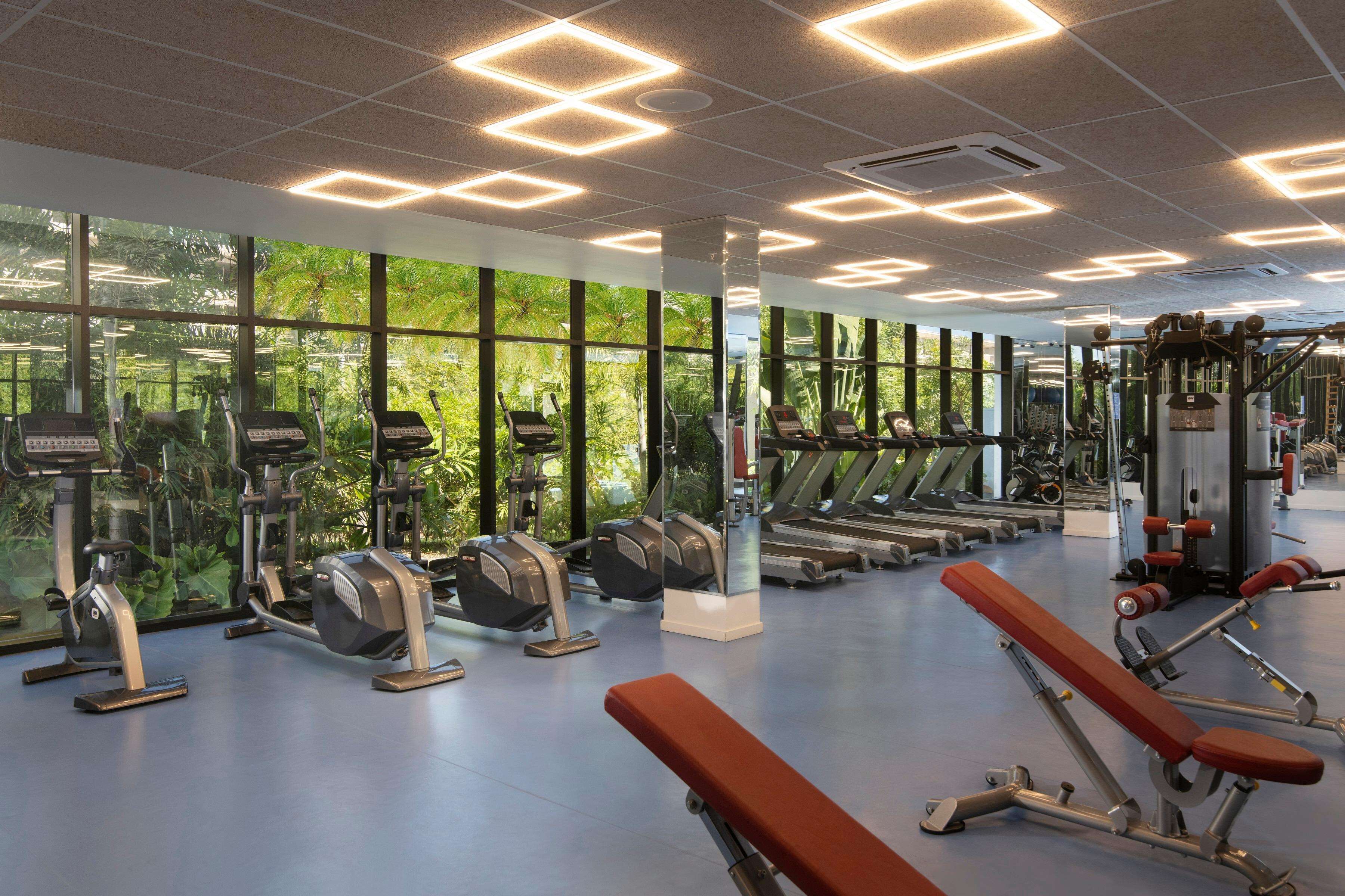 A gym with exercise equipment, large windows, and a view of greenery.