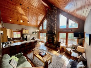 Smart TV, fireplace, DVD player, books