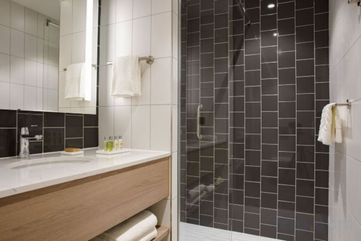 Shower, rainfall showerhead, free toiletries, hair dryer