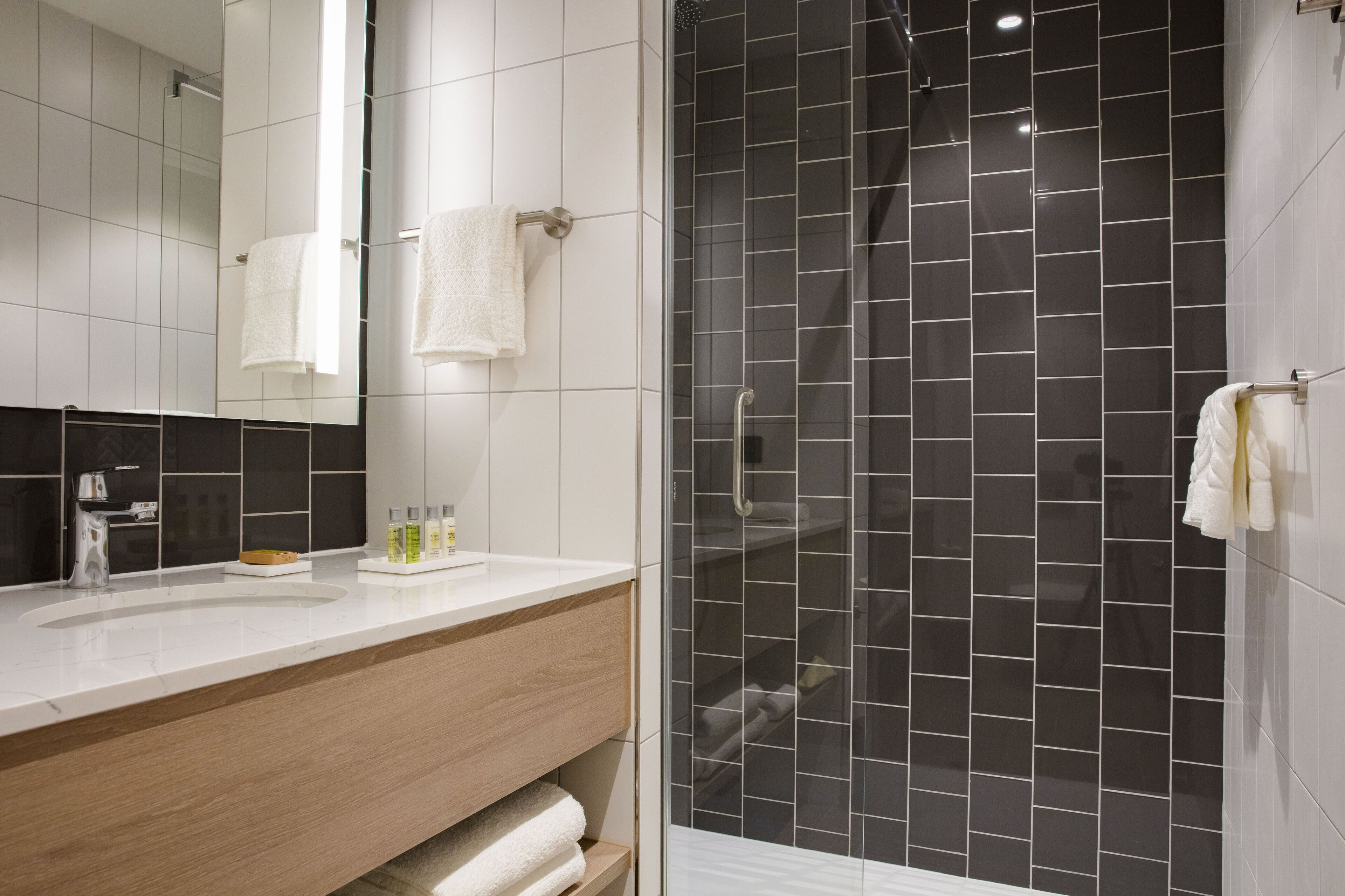 shower, rainfall showerhead, free toiletries, hair dryer