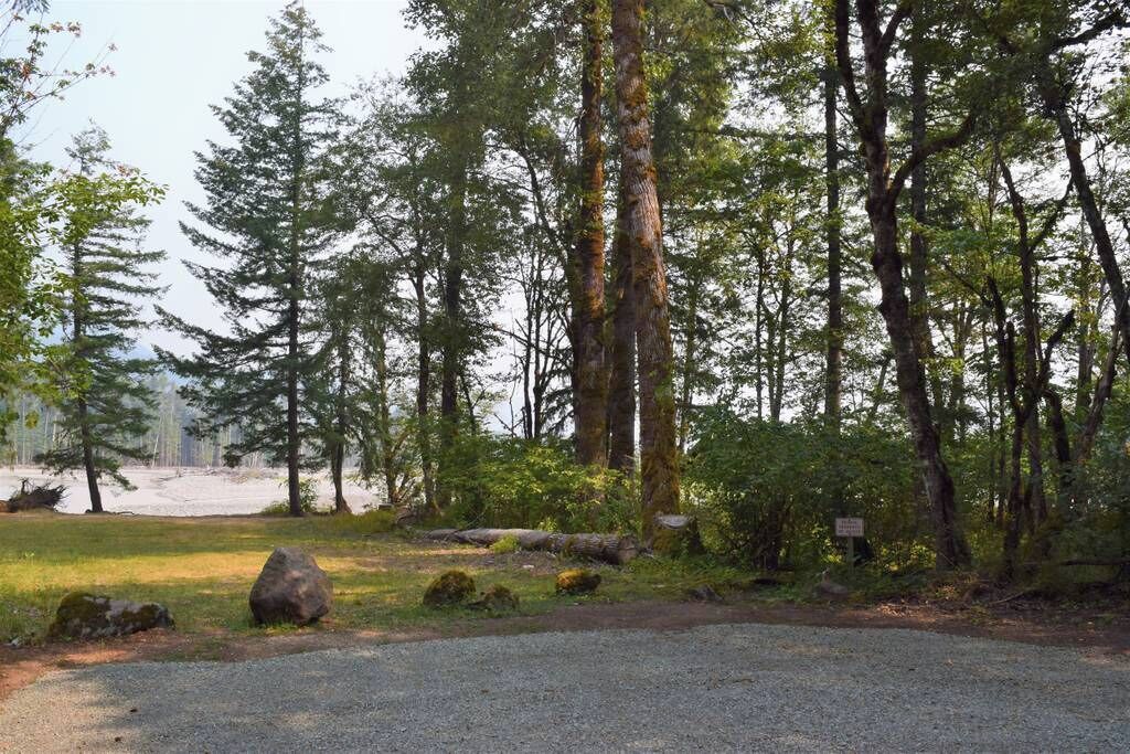 A forested campground with a gravel path leading to a parking area.