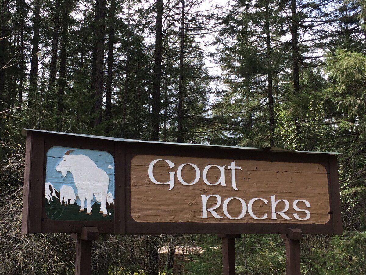 Ein hölzernes Schild mit der Aufschrift 'Goat Rocks' und einer gemalten Darstellung eines Ziegen.