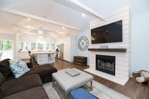 TV, fireplace, books